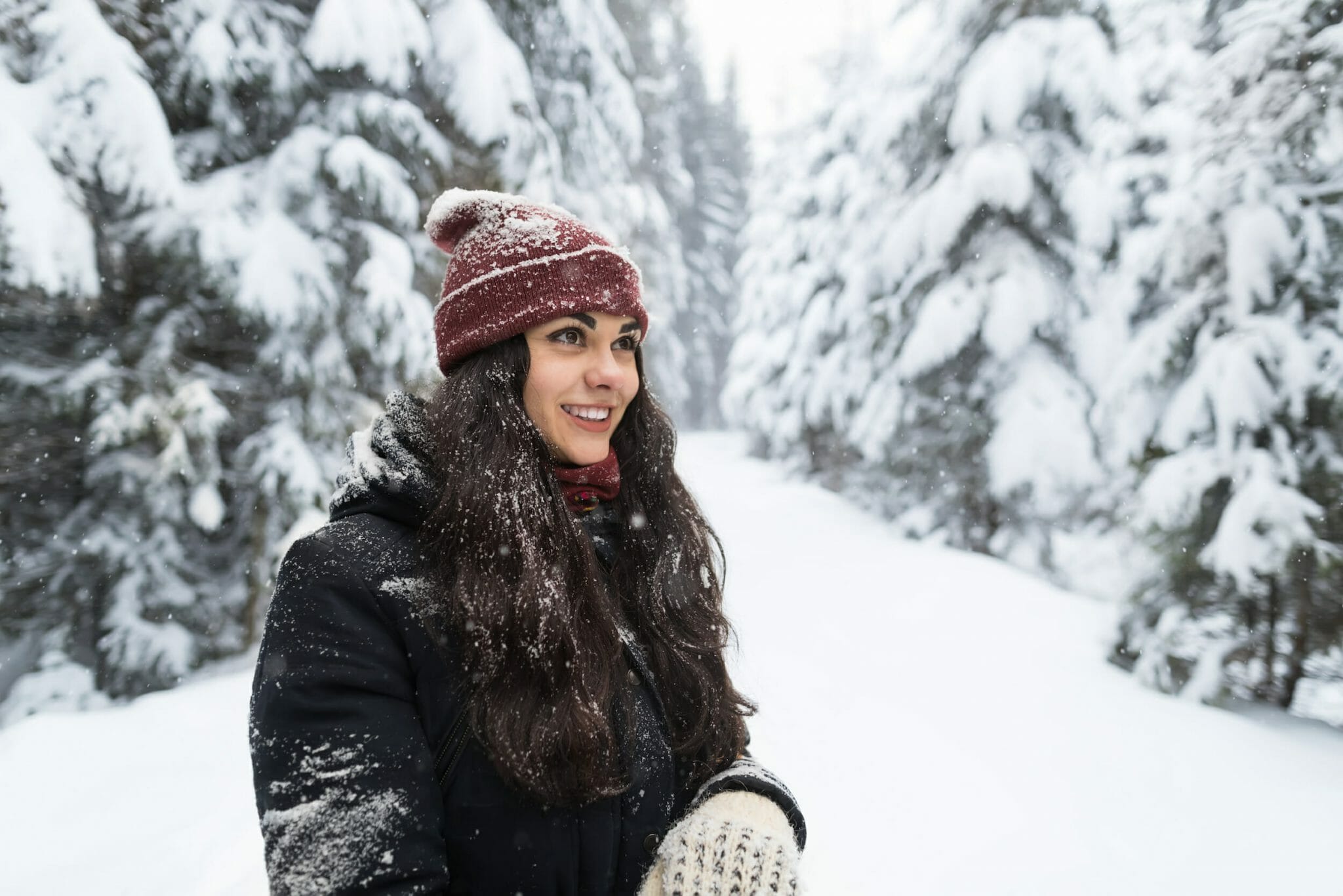 Young Beautiful Woman In Winter Snow Forest Girl Outdoors Walking Snowy White Park